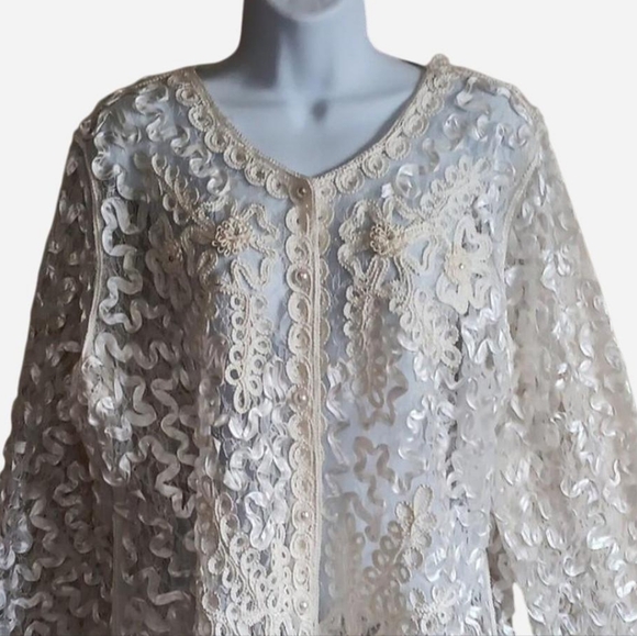 Vintage Sheer Embroidered Lace Top Faux Pearl Button Up Blouse Cottage, Large - Picture 2 of 9